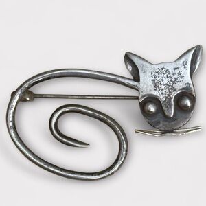 Vintage Sterling Silver Cat Brooch - Modernist Mexican Design!